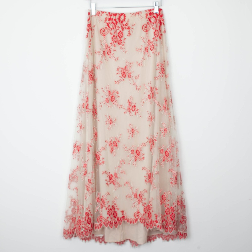 Alice + Olivia Kira Maxi Dress Embroidered Floral Sheer Nude Red Romantic Size 6 - Picture 3 of 9